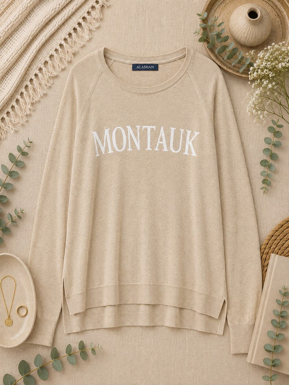 Alashan Montauk Sweater Women's Beige Cashmere Cotton Coastal Old Money SZ XL